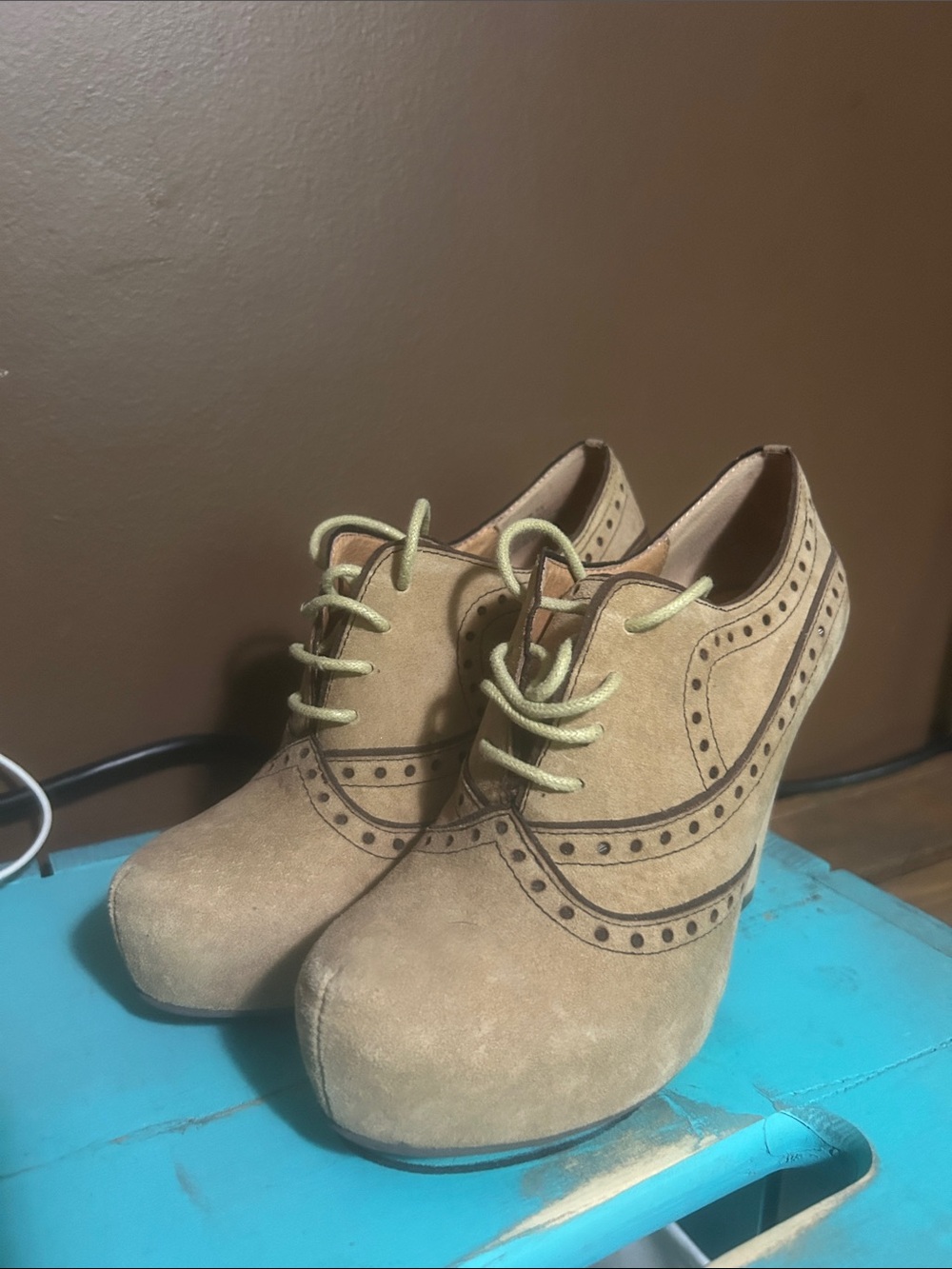 Miz Mooz Tan Suede Lace-Up Wedge Oxfords